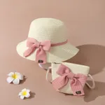 Conjunto de sombrero de cubo de paja con lazo con cordones para niños pequeños / niños y bolso de paja para niñas Rosado