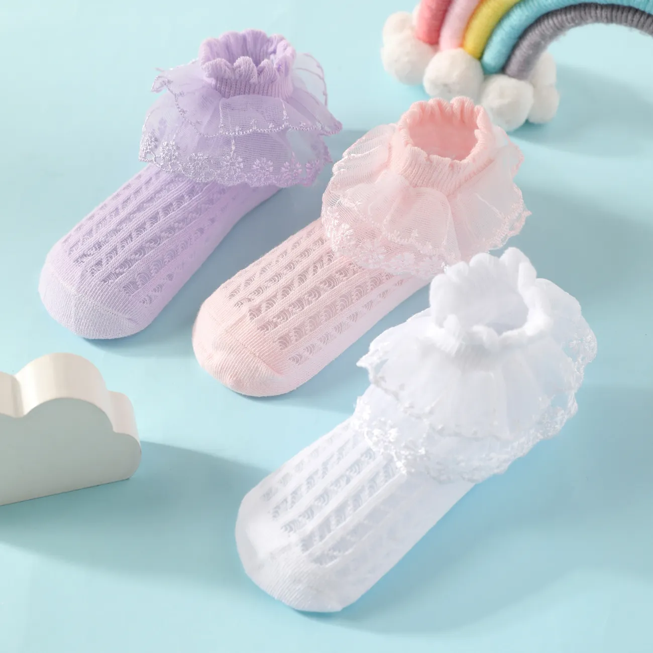 Atmungsaktive Socken mit reiner Farbe für Babys / Kleinkinder / Kinder mit Spitzenbesatz für Mädchen weiß big image 1