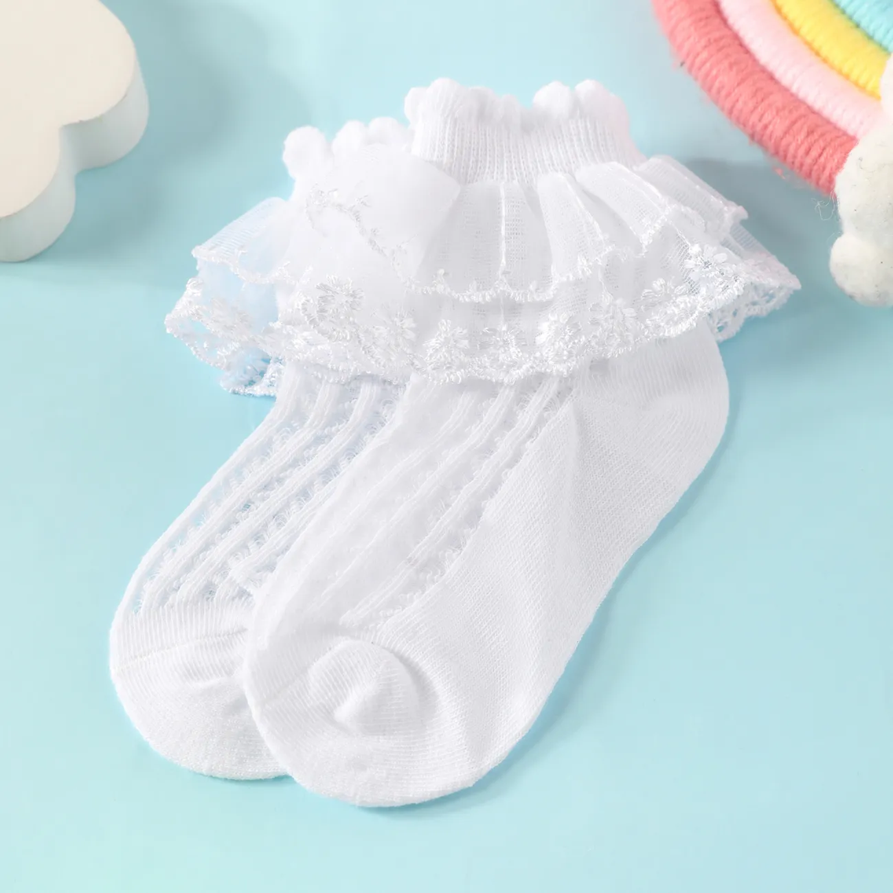 Baby / Toddler / Kid Lace Trim Pure Color Breathable Socks for Girls White big image 1