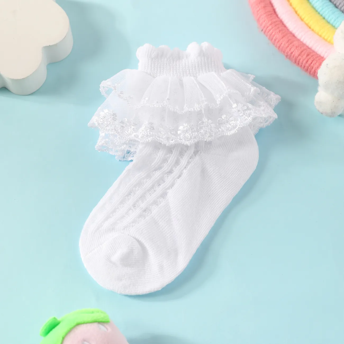 Chaussettes respirantes de couleur pure pour bébé/enfant en bas âge/enfant en dentelle pour filles Blanc big image 1