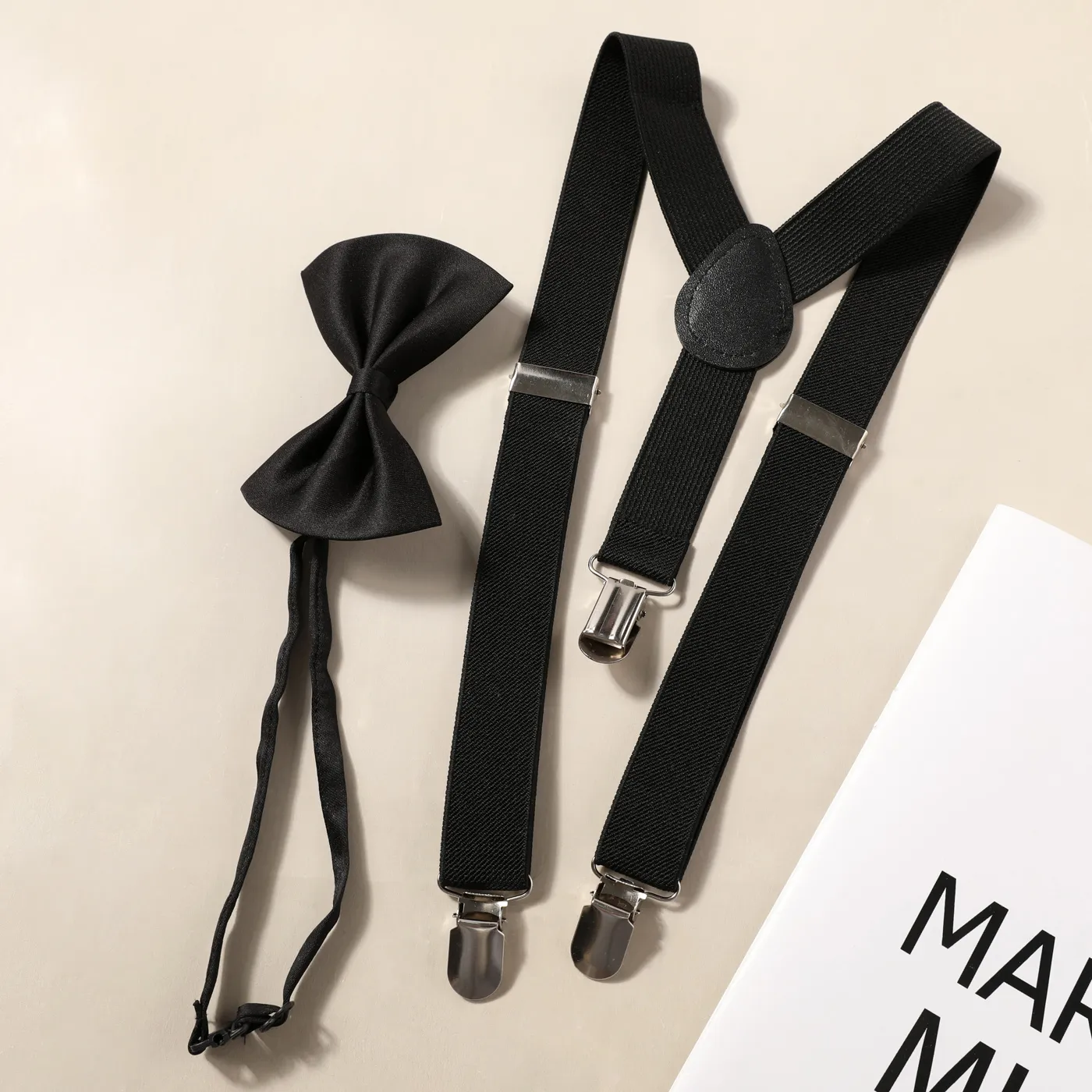 Pure Color Adjustable Elastic Suspender and Bow Tie Set for Boys and Girls Black