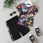 2 Stück Kinder Sets Jungen Graffiti handgemalt Kurzärmeliger Shorts-Anzug schwarz