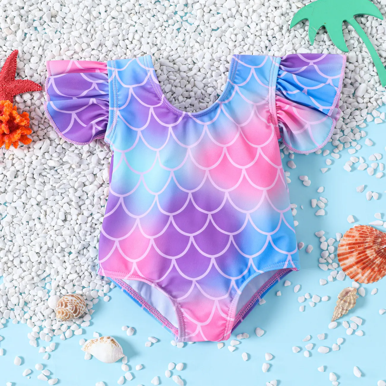 Baby Girl Mermaid Design Deep V Neck Ruffle Sleeve Bowknot One-Piece Swimsuit Light Pink big image 1
