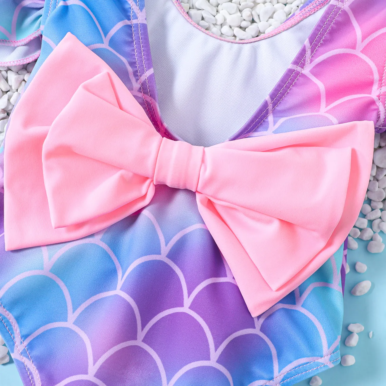 Baby Girl Mermaid Design Deep V Neck Ruffle Sleeve Bowknot One-Piece Swimsuit Light Pink big image 1
