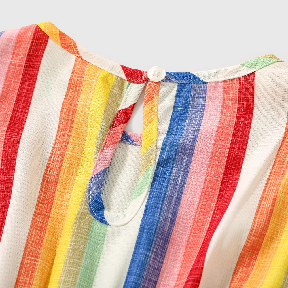 Family Matching Colorful Striped V Neck Flutter-sleeve Dresses and Short-sleeve T-shirts Sets  big image 3