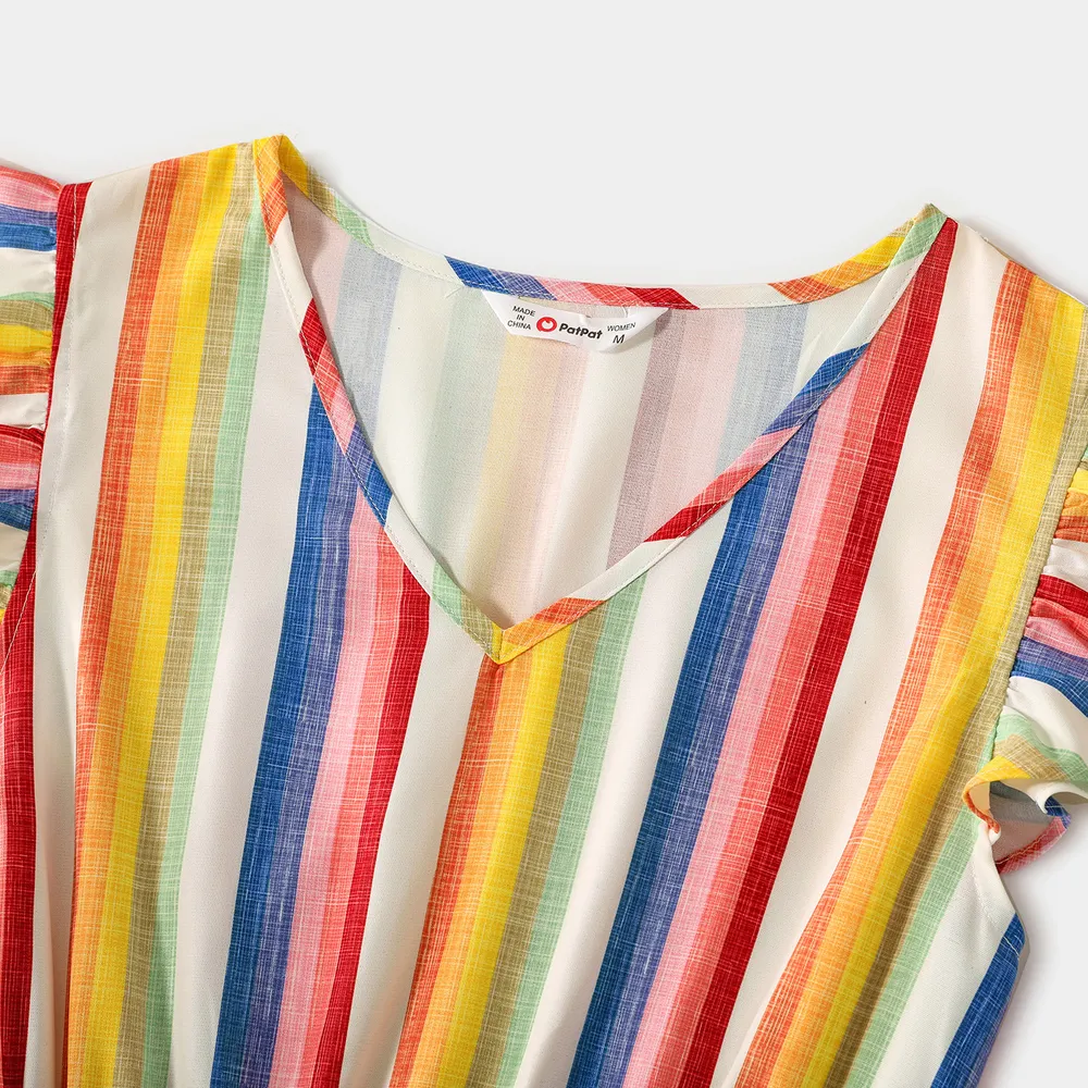 Family Matching Colorful Striped V Neck Flutter-sleeve Dresses and Short-sleeve T-shirts Sets  big image 9