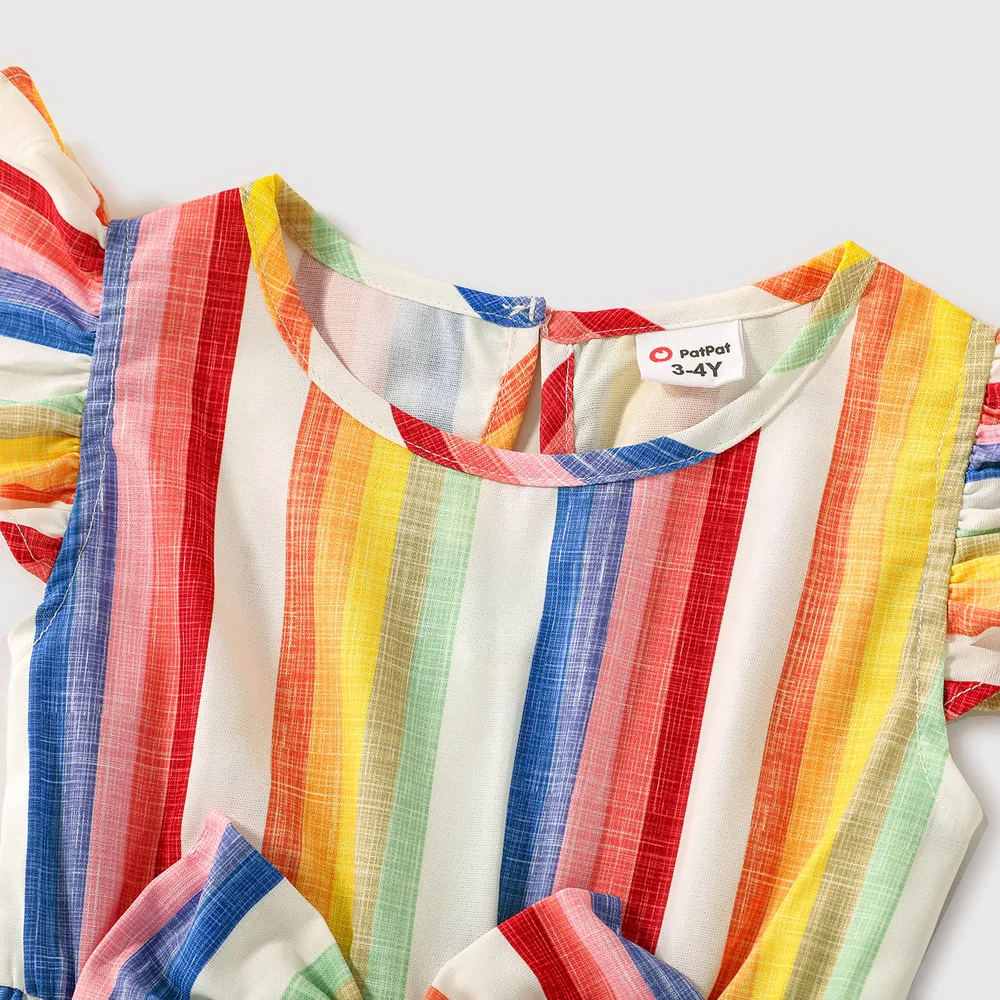 Family Matching Colorful Striped V Neck Flutter-sleeve Dresses and Short-sleeve T-shirts Sets big image 7