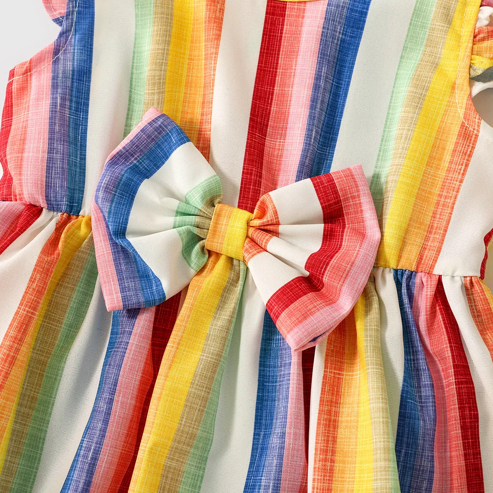 Family Matching Colorful Striped V Neck Flutter-sleeve Dresses and Short-sleeve T-shirts Sets  big image 2