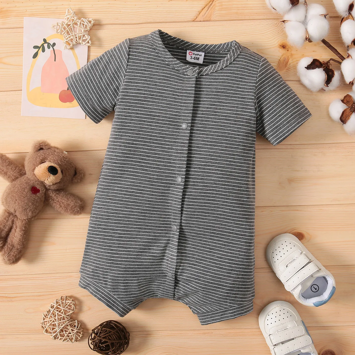 Baby Boy Koala Print White/Grey Striped Short-sleeve Snap Romper