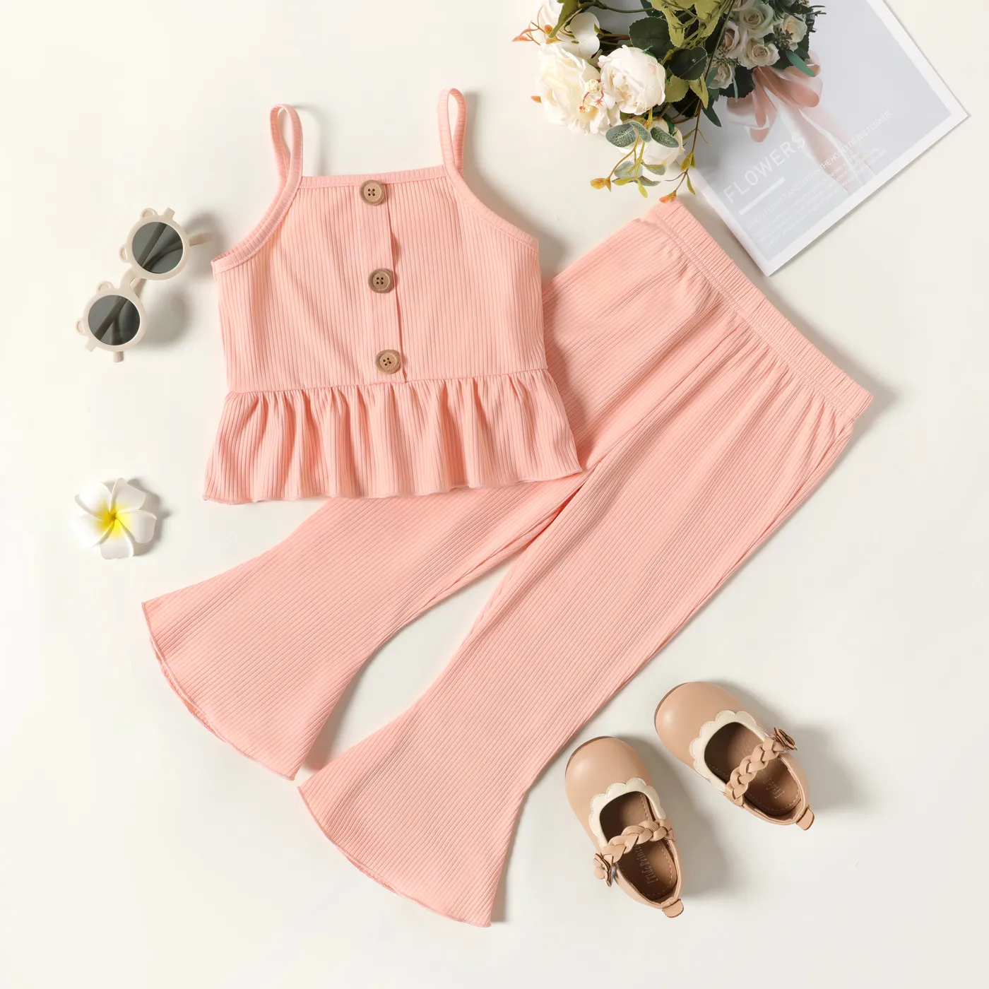 

2-piece Toddler Girl Button Design Ruffle Camisole and Elasticized Ribbed Flared Pants Set