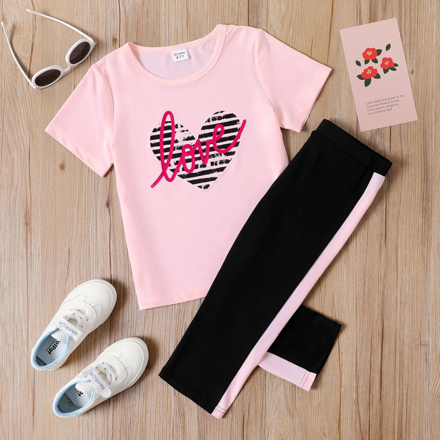 Ensemble 2 Pièces T-shirt Rose Imprimé Lettre Coeur Et Pantalon Capri Color Block Enfant Fille