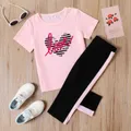 2-piece Kid Girl Letter Heart Print Pink Tee and Colorblock Capri Pants Set  image 1