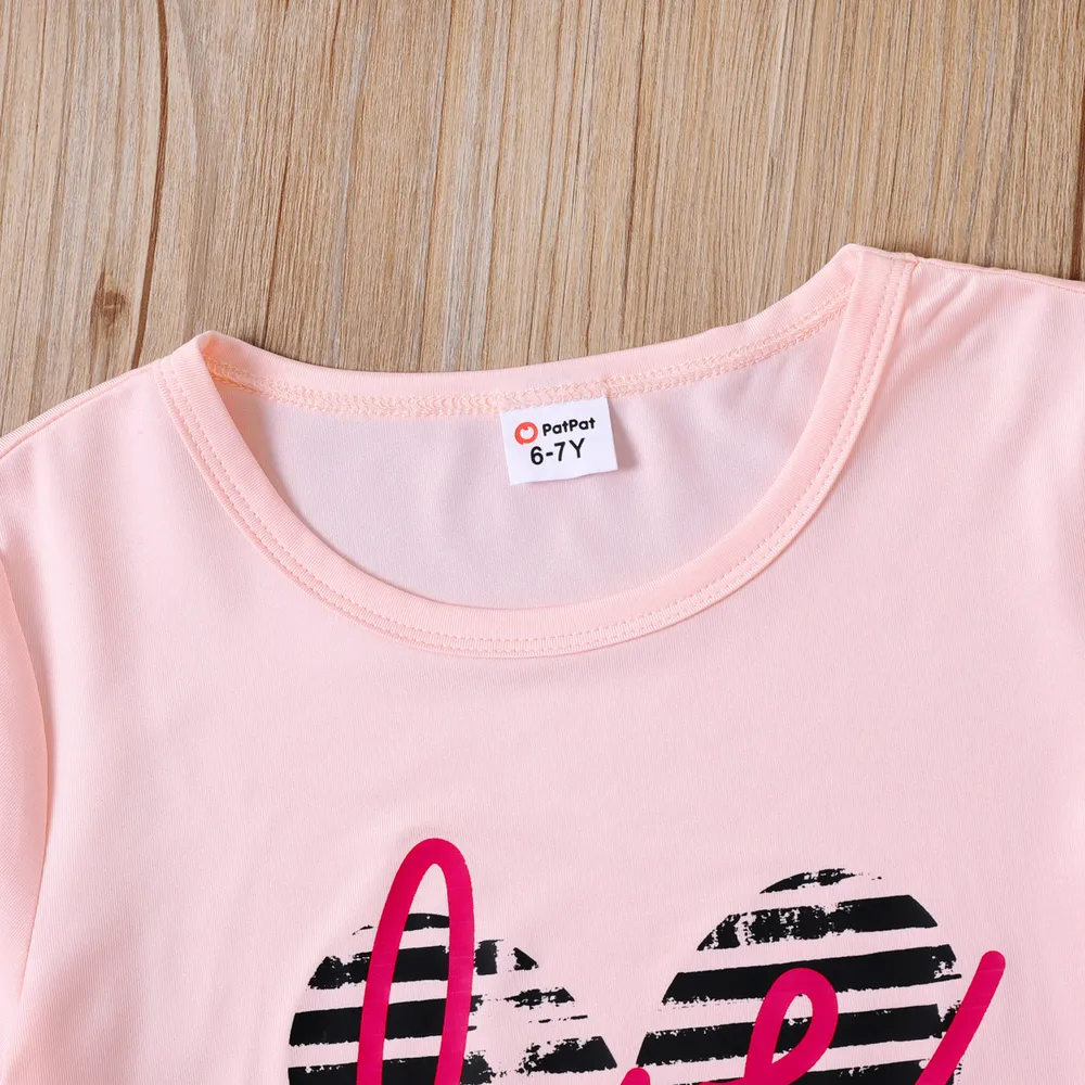 2-piece Kid Girl Letter Heart Print Pink Tee and Colorblock Capri Pants Set  big image 4