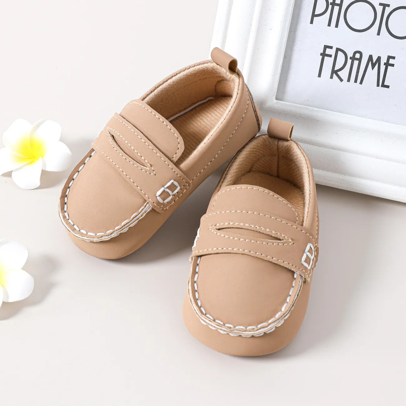 Baby / Toddler Topstitching Design Pure Color Soft Sole Prewalker Shoes Khaki big image 1