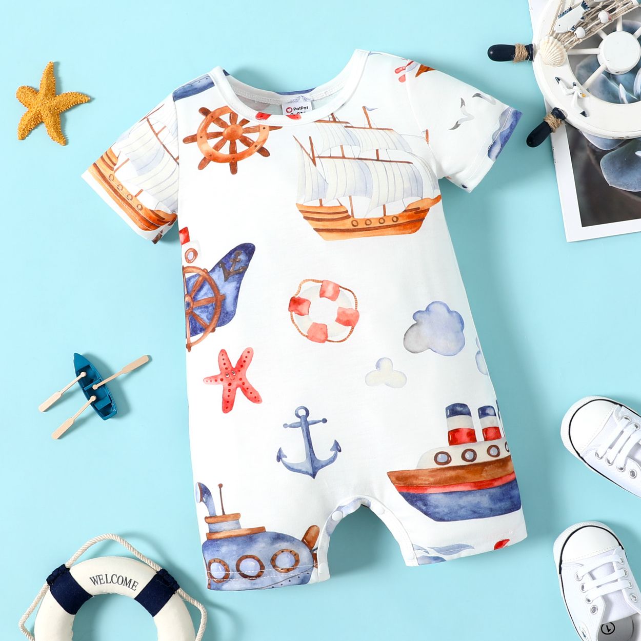 

Baby Girl All Over Ship Print Short-sleeve Romper