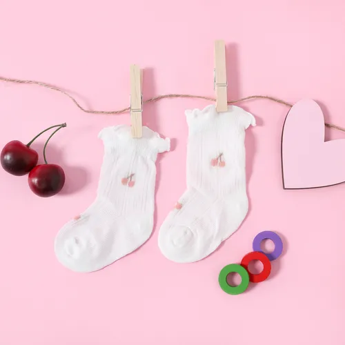 calcetines de malla con ribete de lechuga y estampado floral de cereza para bebés / niños pequeños