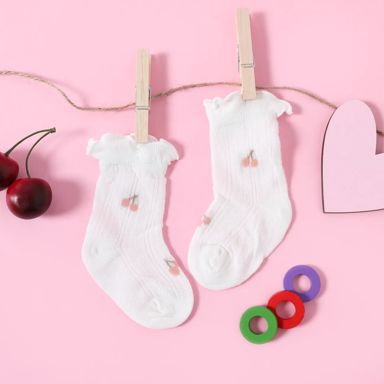 calcetines de malla con ribete de lechuga y estampado floral de cereza para bebés / niños pequeños Blanco big image 1
