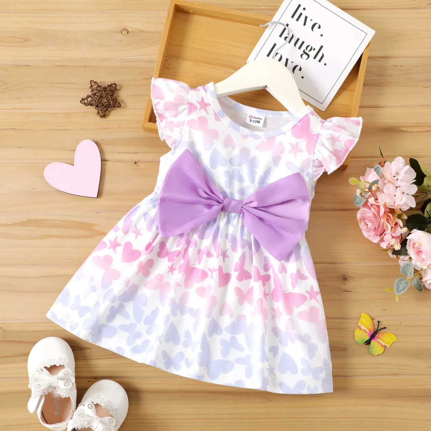 Baby Girl All Over Butterfly Print Flutter-sleeve Bowknot Dress