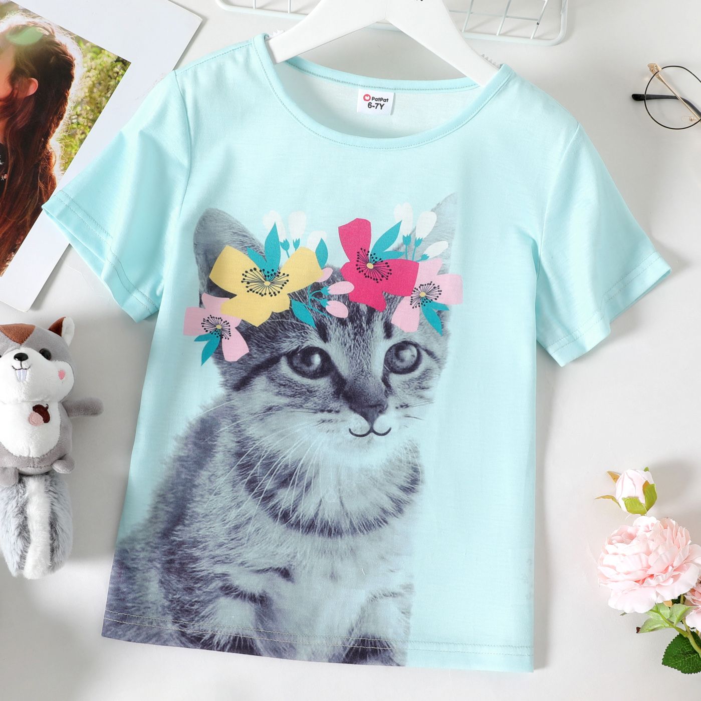 T-shirt à Manches Courtes Imprimé Animal Chat Enfant Fille