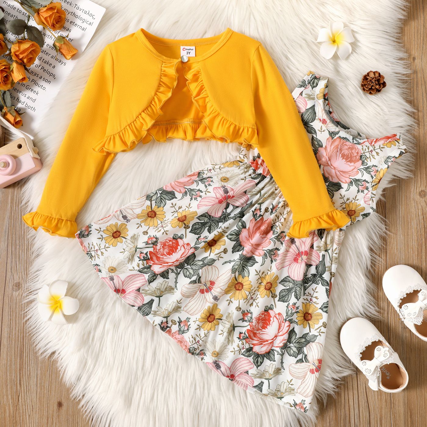 

2-piece Toddler Girl Floral Print Sleeveless Dress and Ruffled Cardigan Set