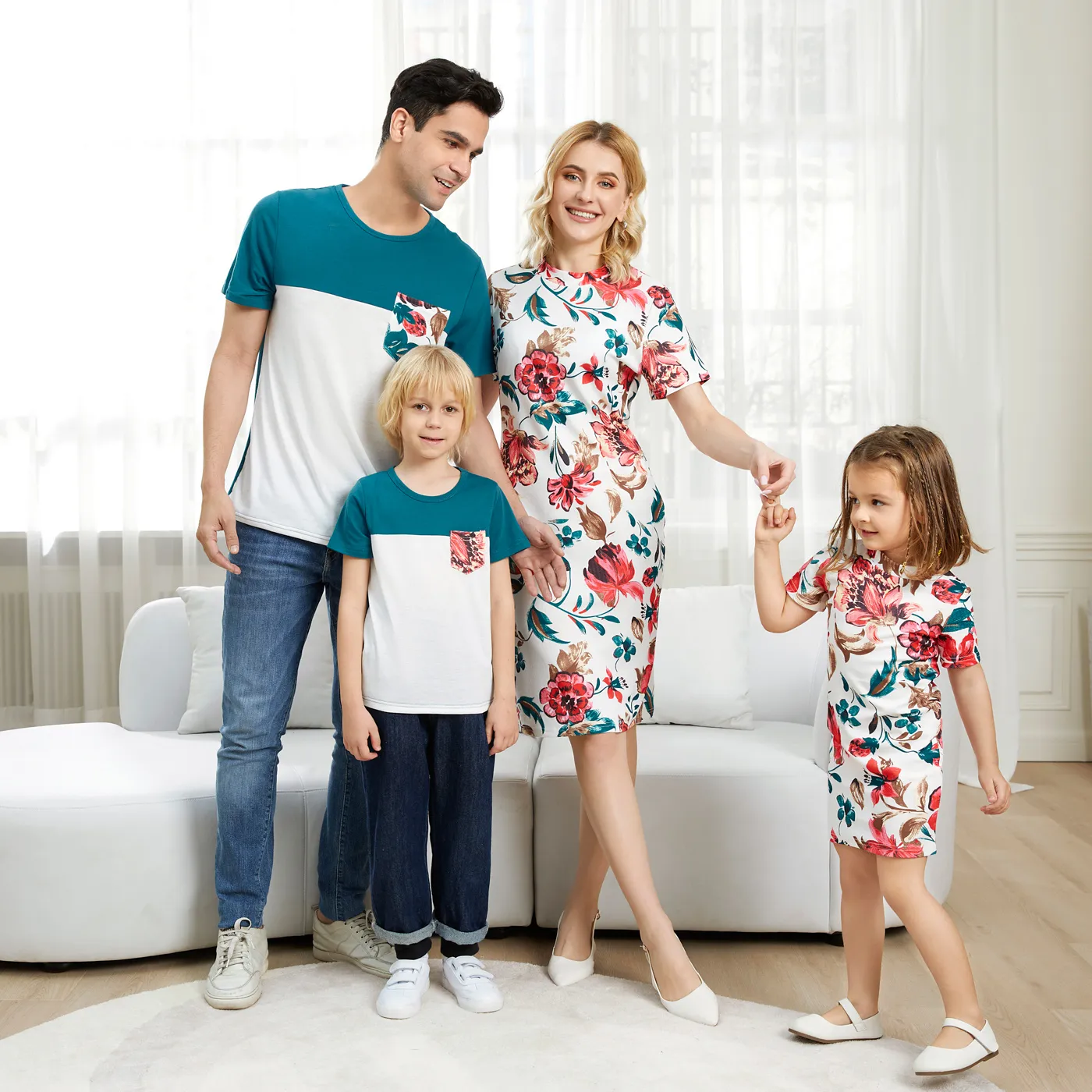 Family Matching All Over Floral Print Short-sleeve Bodycon Dresses and Colorblock T-shirts Sets HS image 3
