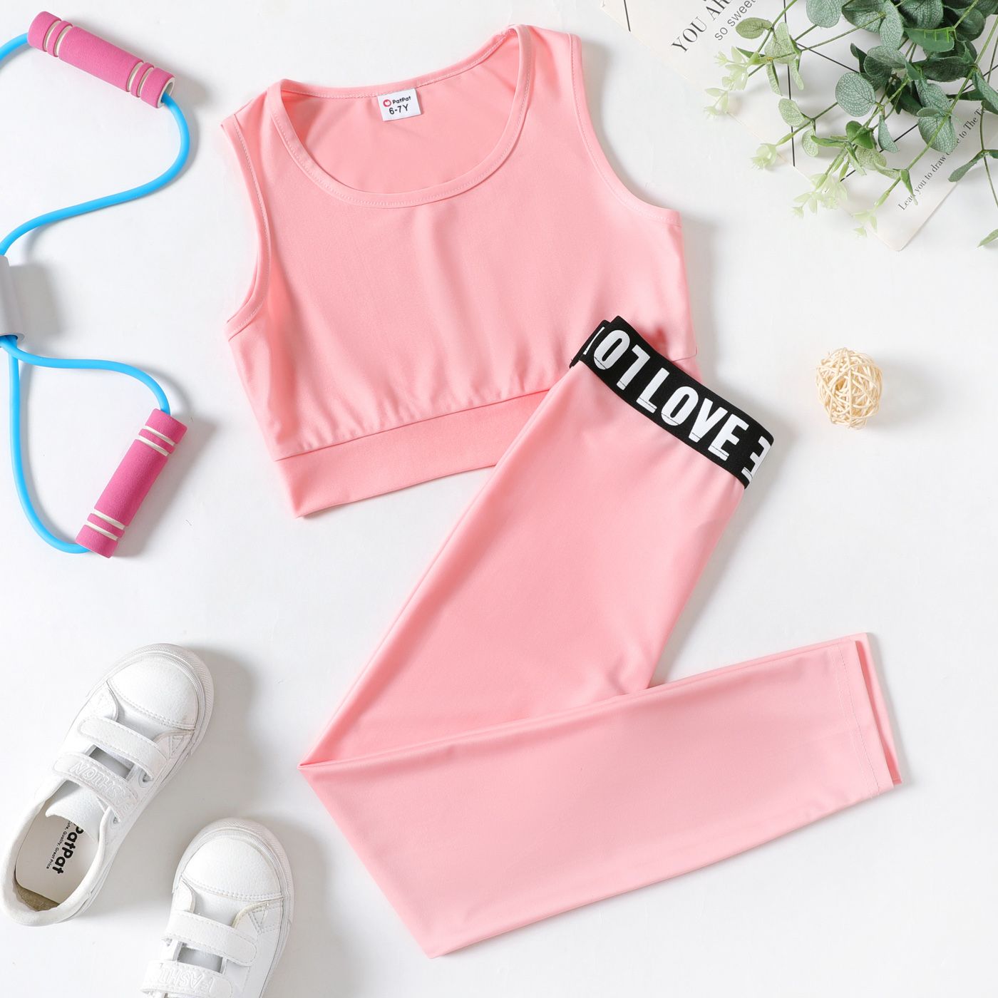 2-piece Kid Girl Solid Color Tank Top and Letter Print Leggings Sporty Set