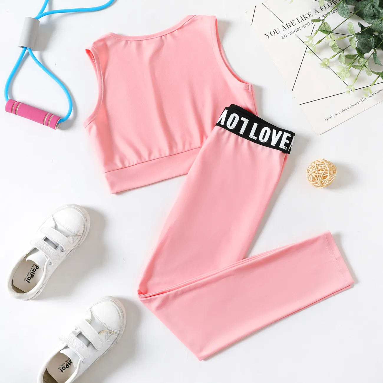 2-piece Kid Girl Solid Color Tank Top and Letter Print Leggings Sporty Set Pink big image 1