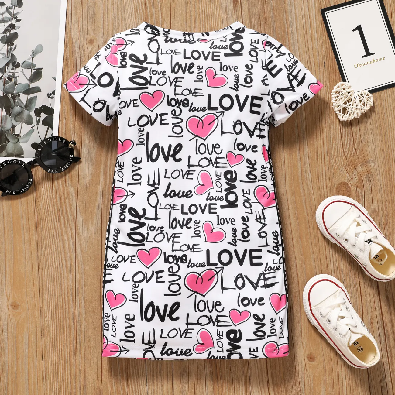 Toddler Girl Letter Heart Print Short-sleeve Dress PinkyWhite big image 1