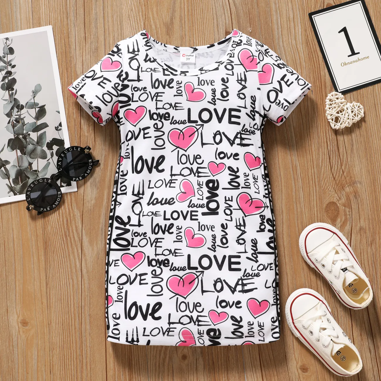 Toddler Girl Letter Heart Print Short-sleeve Dress PinkyWhite big image 1
