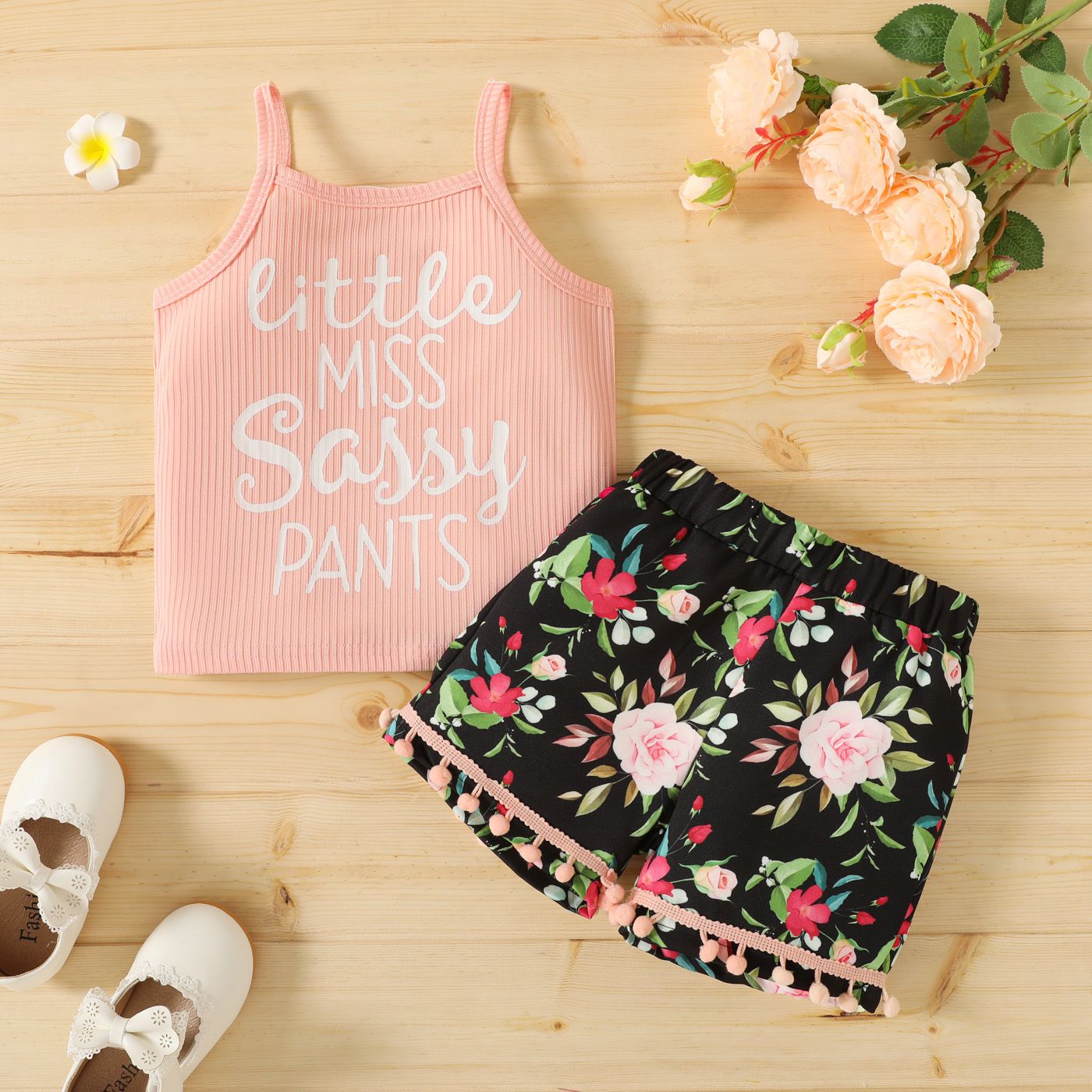 

2-piece Toddler Girl Letter Print Ribbed Camisole and Floral Print Pompom Design Shorts Set