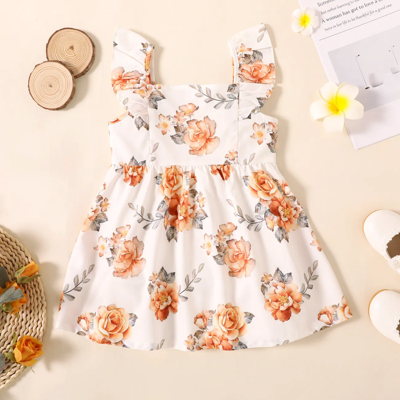 Toddler Girl Button Design Solid Color/Floral Print/Stripe Ruffled Strap Dress White big image 1
