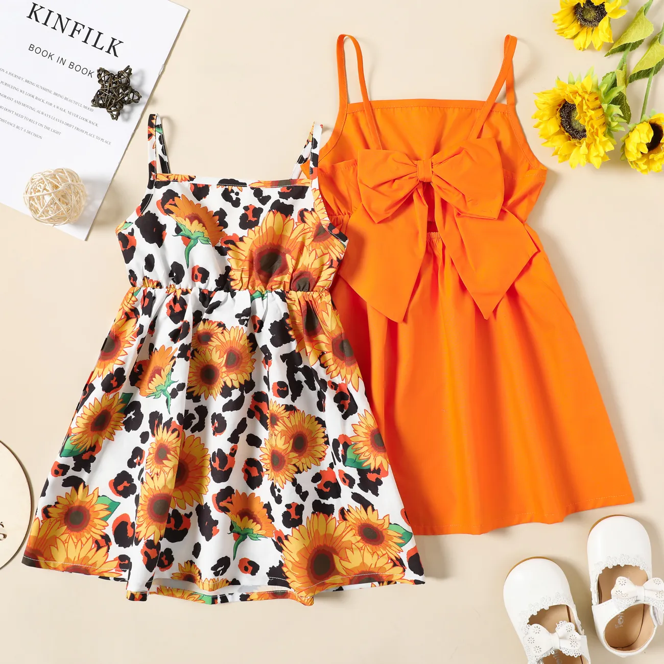 فستان بناتي بتصميم بونوت برتقالي / زهري بطبعة زهور متعدد الألوان big image 1