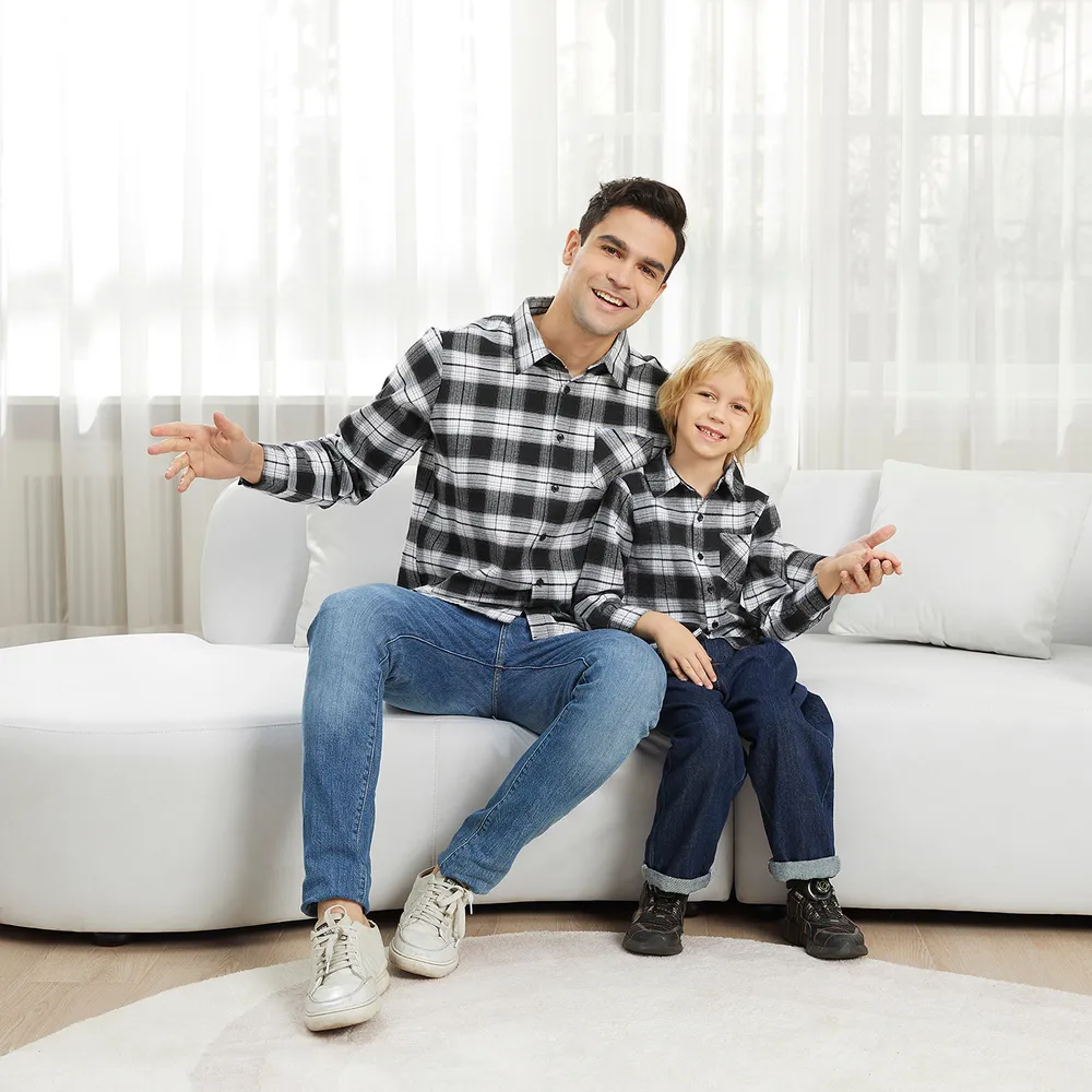 Family Matching Long-sleeve Plaid Splicing Dresses and Shirts Sets big image 6