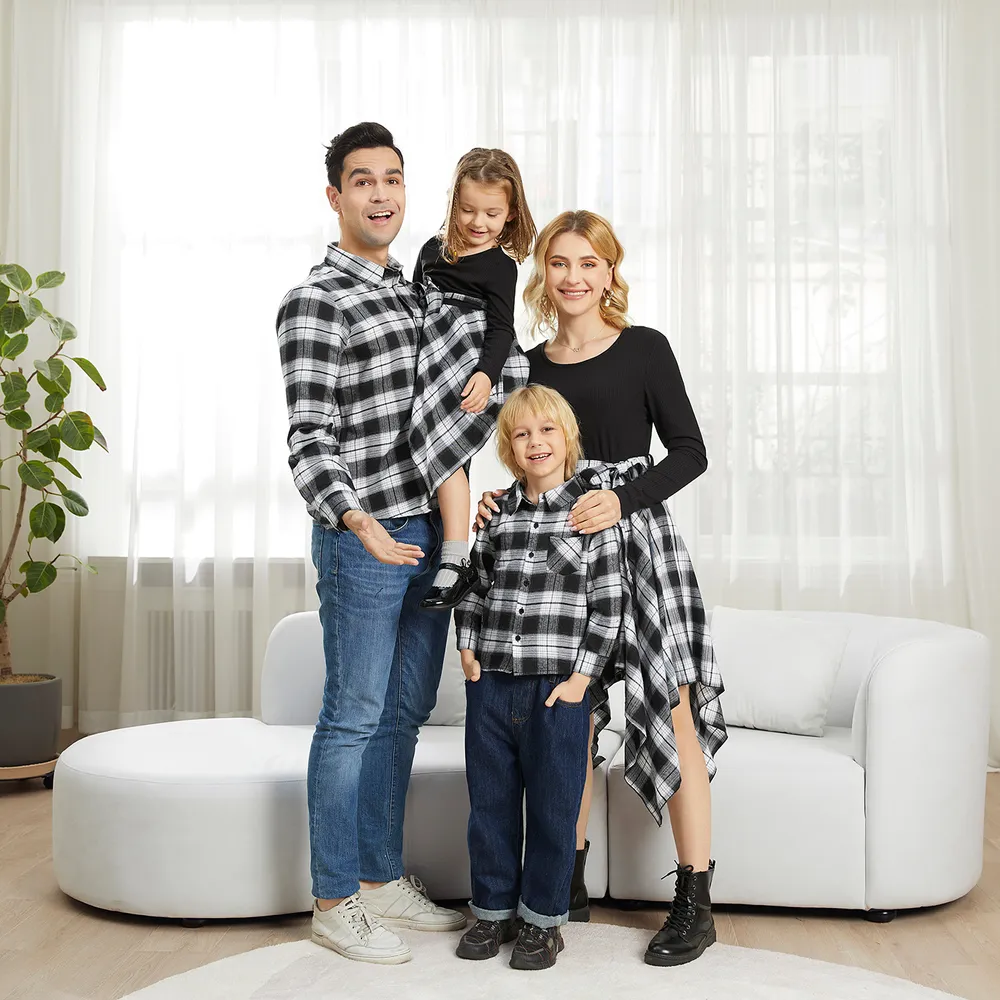 Family Matching Long-sleeve Plaid Splicing Dresses and Shirts Sets  big image 3