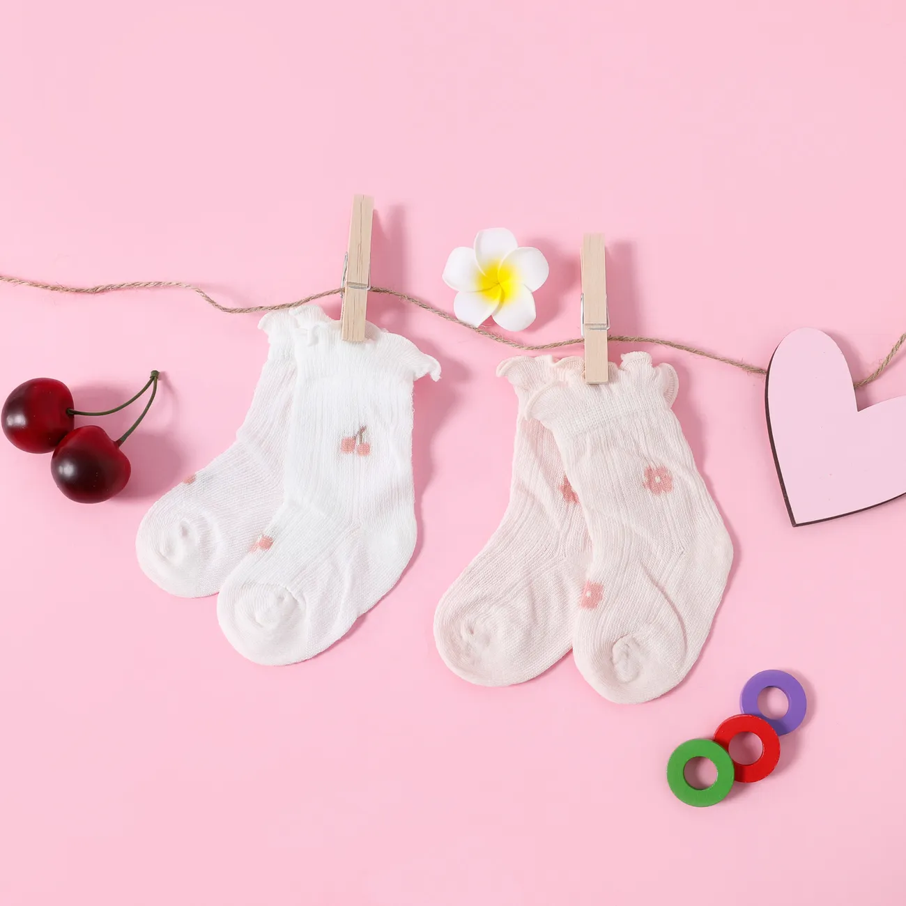 calzini in rete con finiture in lattuga grafica floreale ciliegia per neonati / bambini piccoli Bianco big image 1