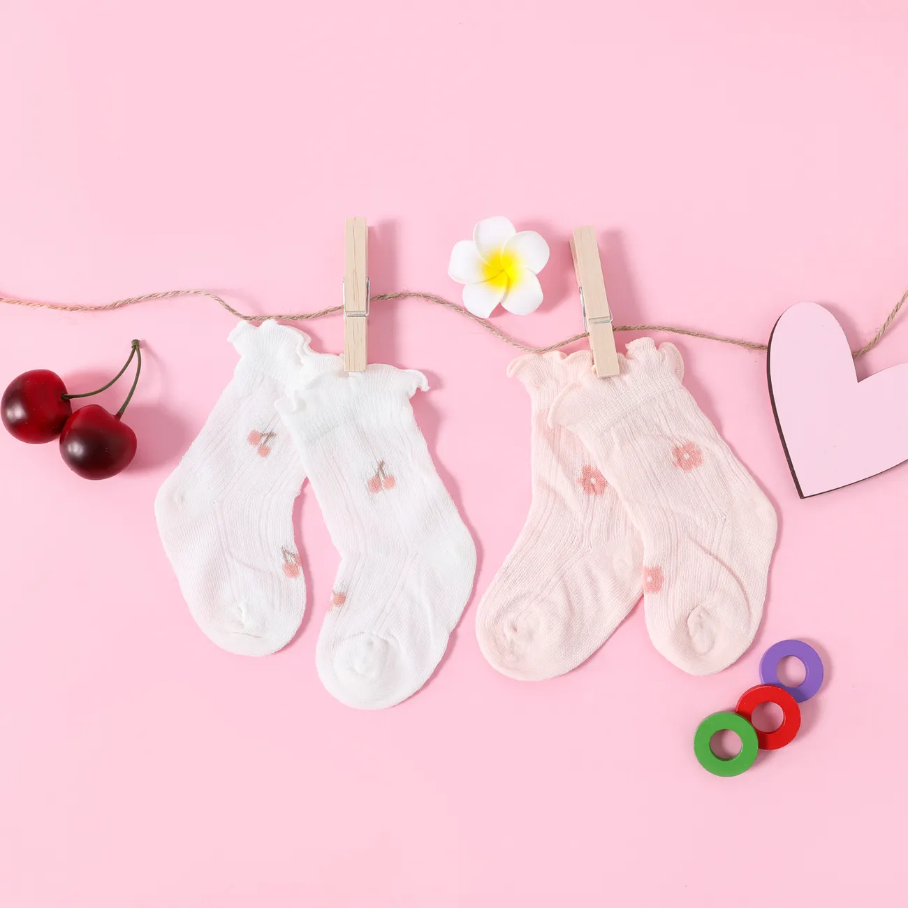 Baby / Toddler Cherry Floral Graphic Lettuce Trim Mesh Socks White big image 1
