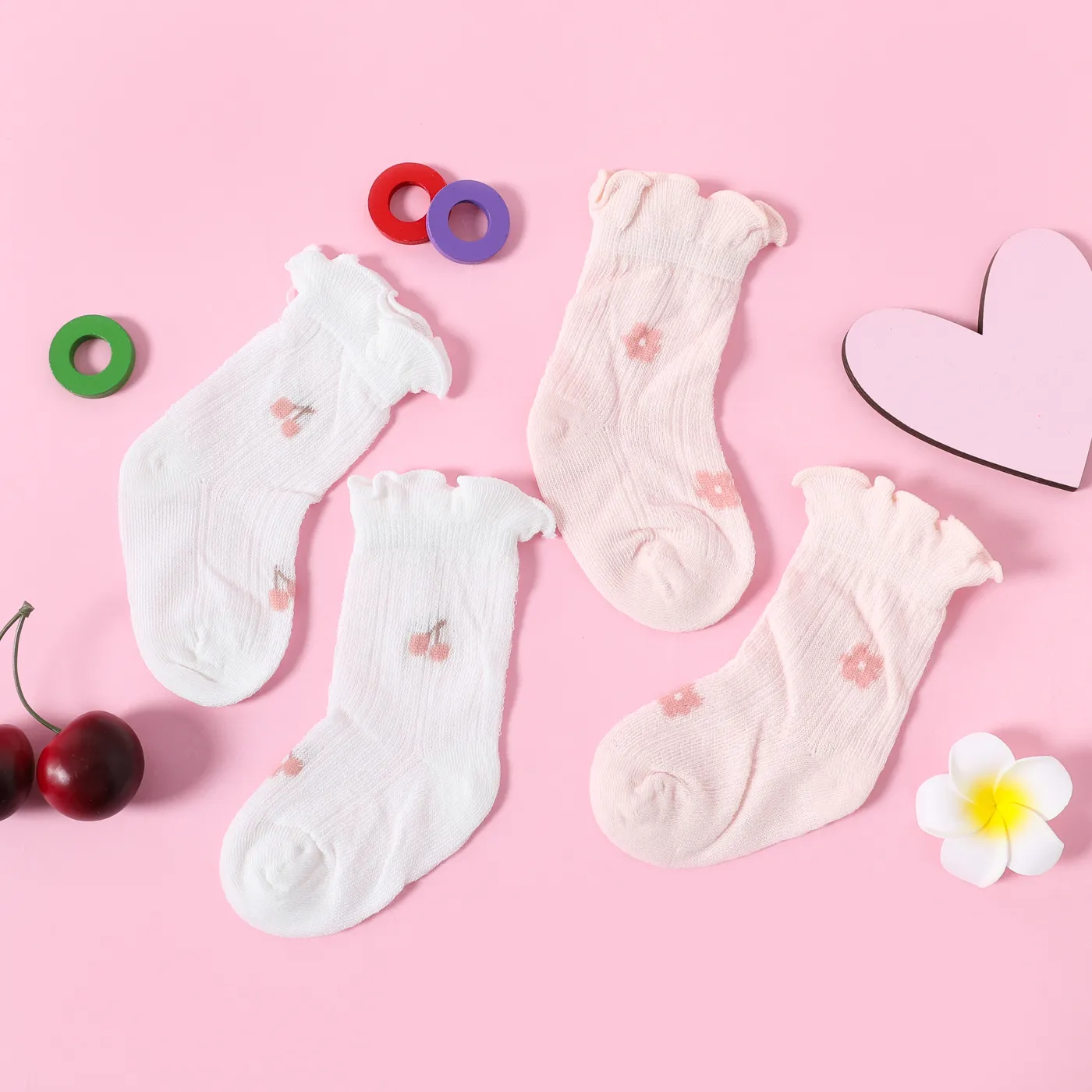 Baby / Toddler Cherry Floral Graphic Lettuce Trim Mesh Socks  image 5
