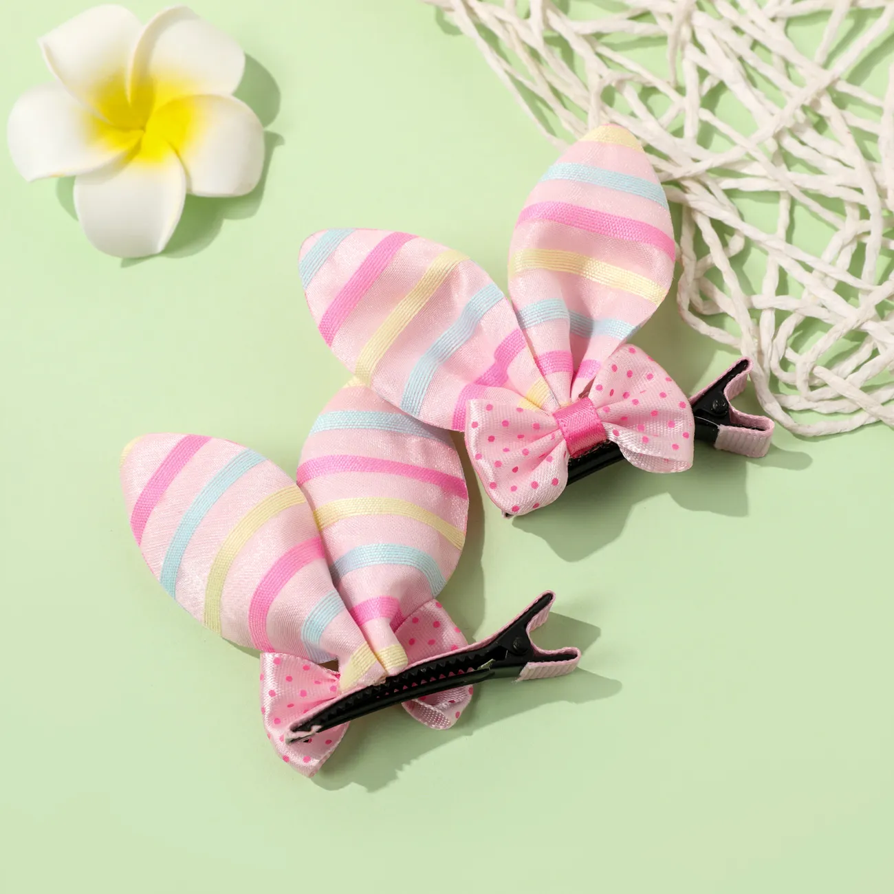 Paquete de 2 pinzas para el cabello con orejas de conejo y lazo, accesorios para el cabello para niñas Rosado big image 1