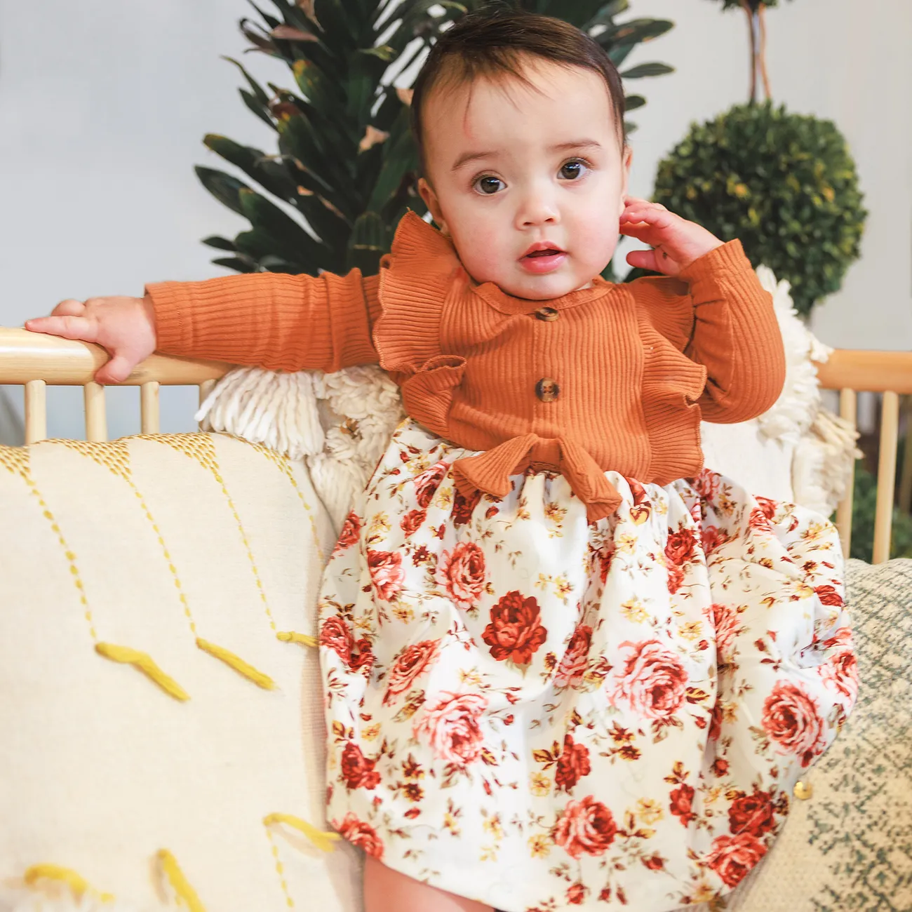 2pcs Baby 95% Cotton Ribbed Long-sleeve Ruffle Bowknot Splicing Floral Print Dress with Headband Set Ginger big image 1