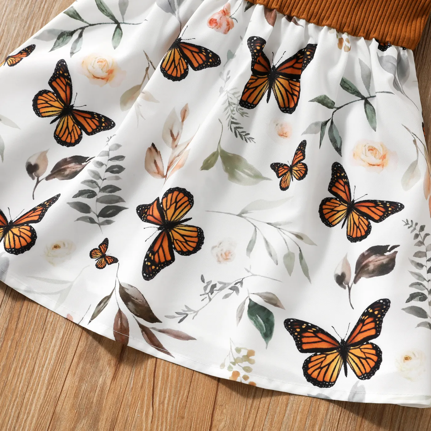 Toddler Girl Butterfly/Floral Print Bowknot Design Splice Cami Dress YellowBrown image 4