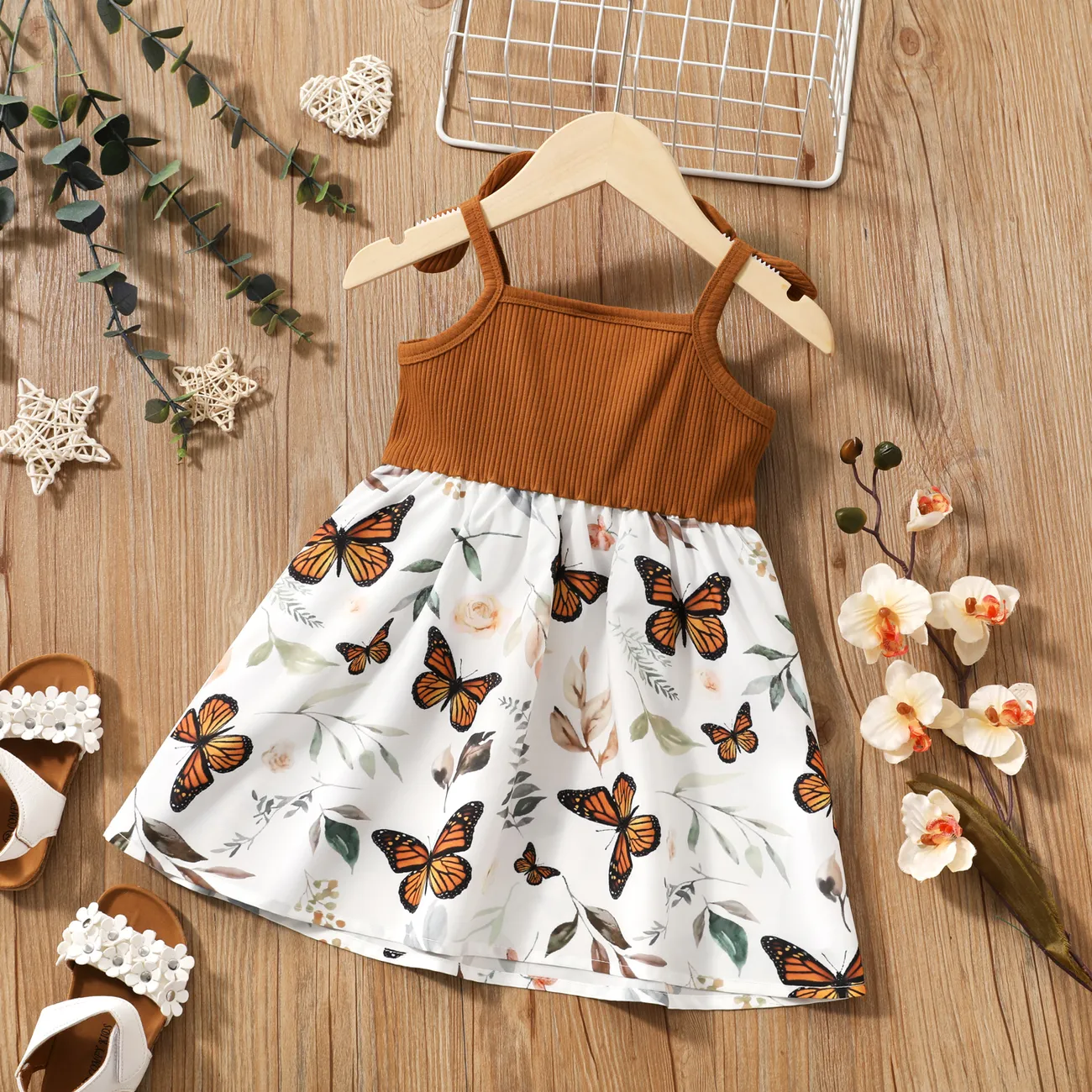 Toddler Girl Butterfly/Floral Print Bowknot Design Splice Cami Dress YellowBrown big image 1