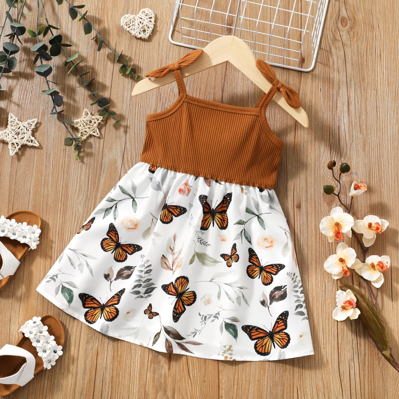 Toddler Girl Butterfly/Floral Print Bowknot Design Splice Cami Dress YellowBrown big image 1