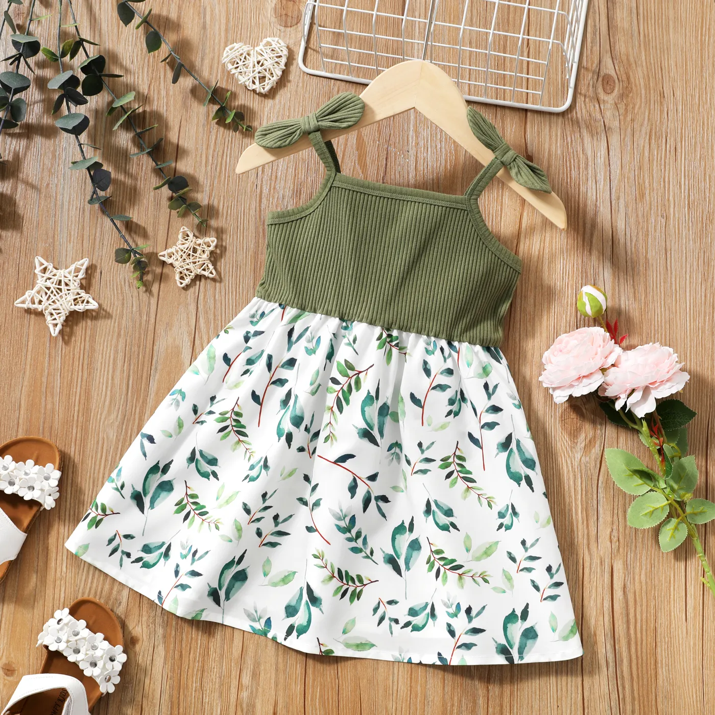 Toddler Girl Butterfly/Floral Print Bowknot Design Splice Cami Dress SpringGreen