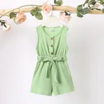 Toddler Girl 100% Cotton Solid Color Button Design Sleeveless Belted Romper Jumpsuit Shorts Light Green