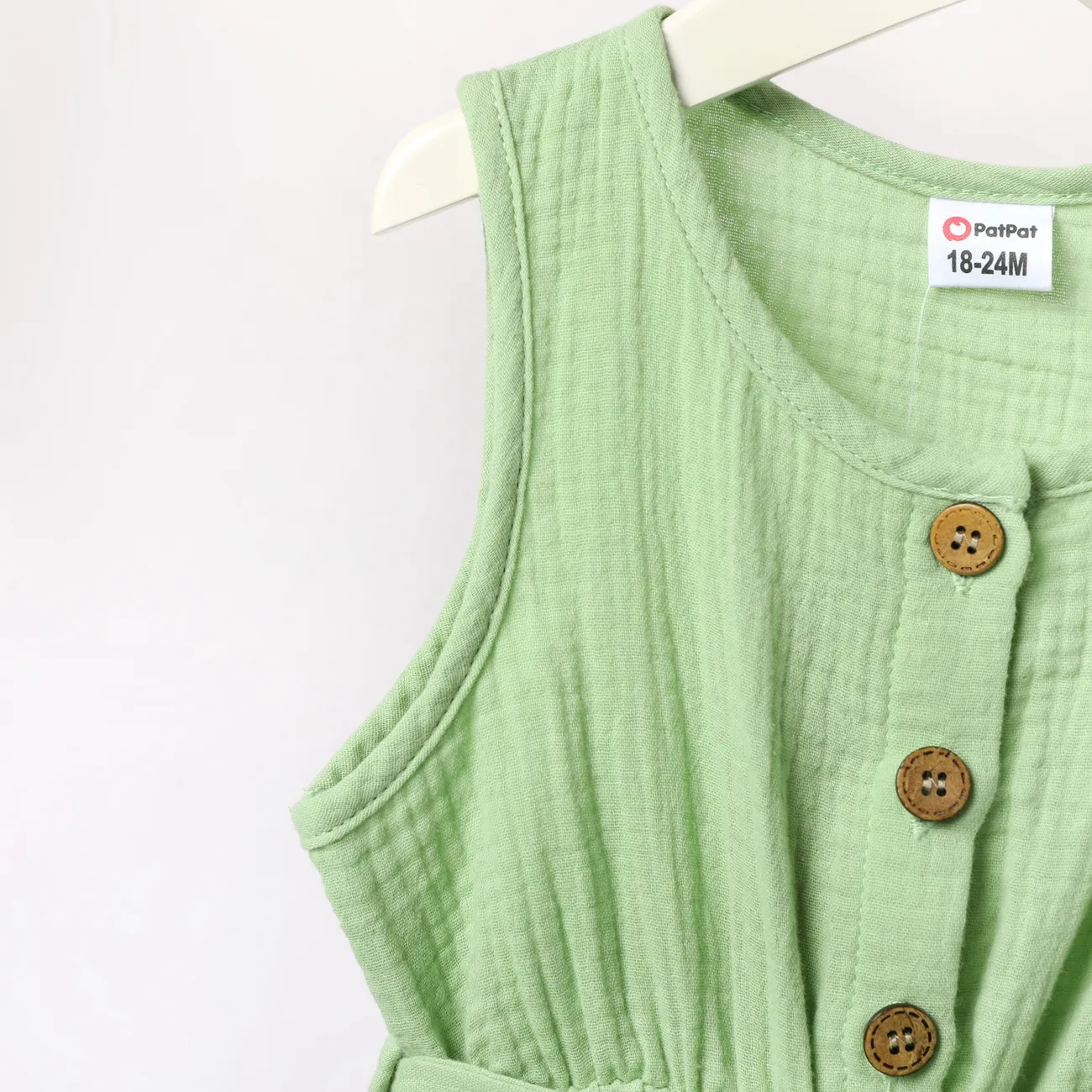 Toddler Girl 100% Cotton Solid Color Button Design Sleeveless Belted Romper Jumpsuit Shorts Light Green big image 1