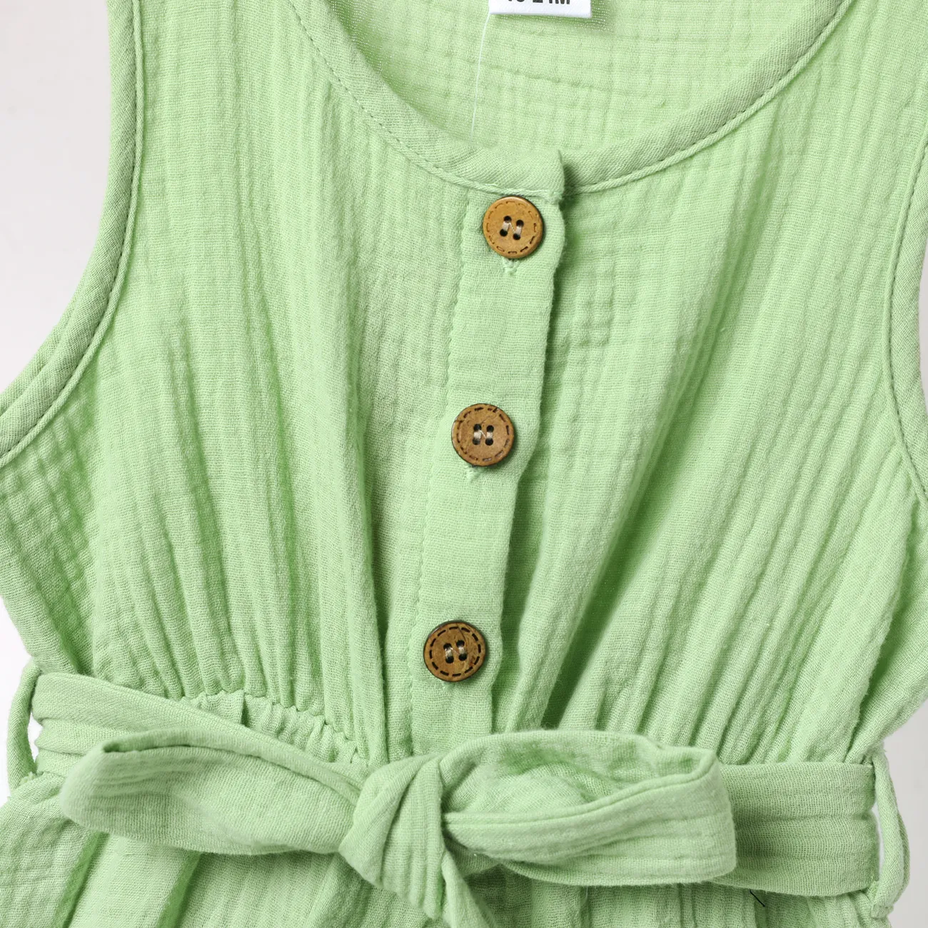 Toddler Girl 100% Cotton Solid Color Button Design Sleeveless Belted Romper Jumpsuit Shorts Light Green big image 1