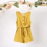 Toddler Girl 100% Cotton Solid Color Button Design Sleeveless Belted Romper Jumpsuit Shorts Ginger-2
