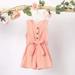 Toddler Girl 100% Cotton Solid Color Button Design Sleeveless Belted Romper Jumpsuit Shorts pink-