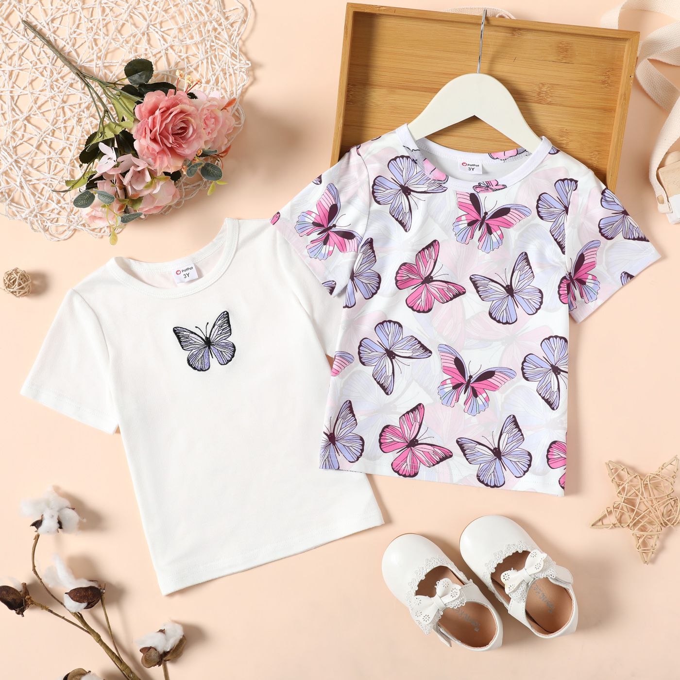 T-shirt à Manches Courtes Brodé/imprimé Papillon Pour Toute-petite Fille