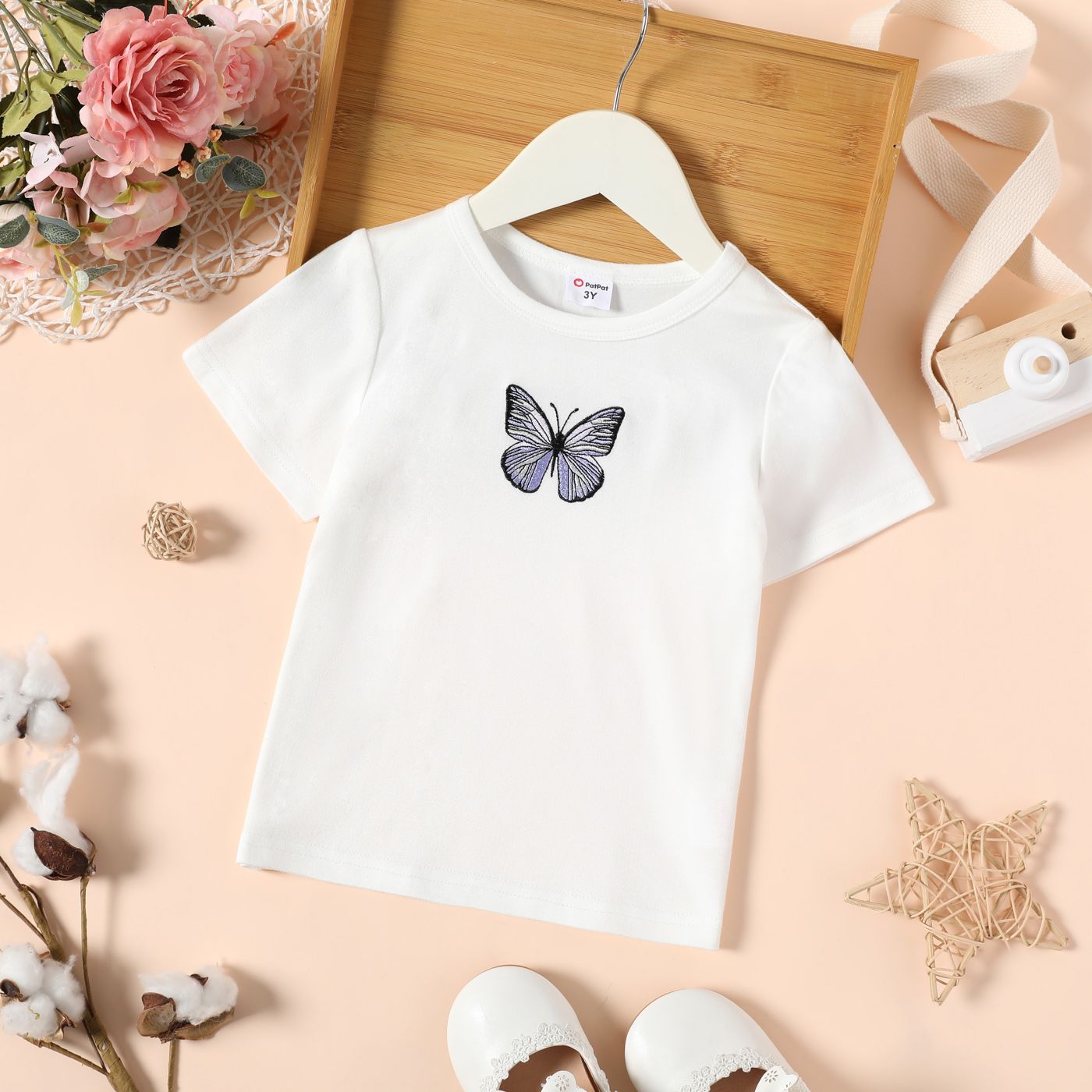 T-shirt à Manches Courtes Brodé/imprimé Papillon Pour Toute-petite Fille